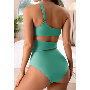 Women's Tummy Control Two Piece Swimsuit One Shoulder Two Piece Swimsuit Side Tie High Waist Bikini