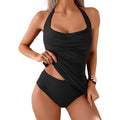 Women's suspender tankini swimsuit, ruffled tummy control two-piece swimsuit (with swimming trunks)