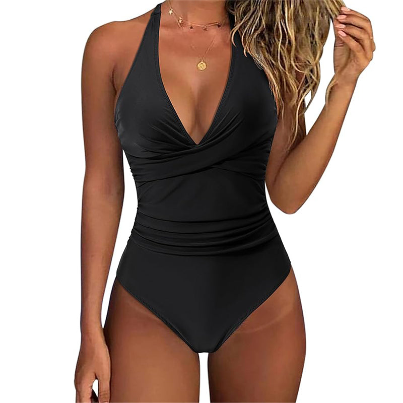 Women's one-piece swimsuit push-up tummy V-neck