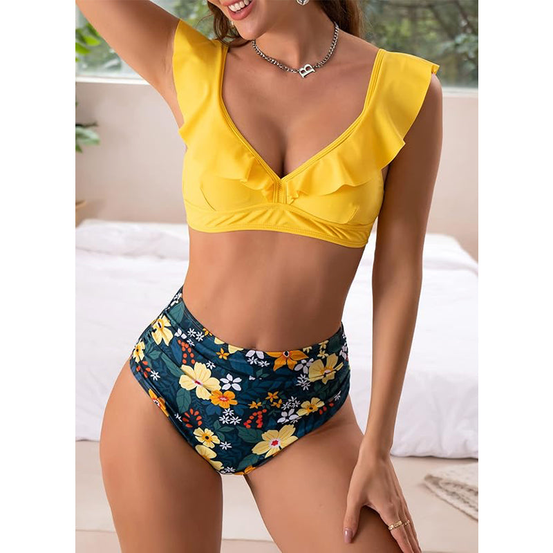 Women's Ruffled High Waist Swimsuit Two Piece Strappy Swimsuit Set 2 Piece V Neck Swimsuit Tropical Print Bikini