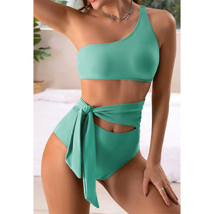 Women's Tummy Control Two Piece Swimsuit One Shoulder Two Piece Swimsuit Side Tie High Waist Bikini