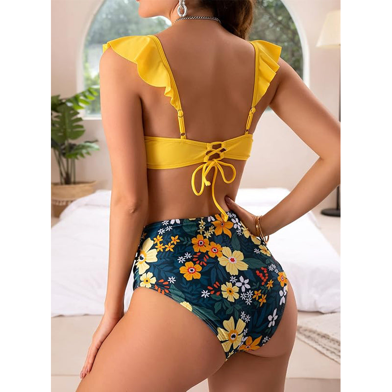 Women's Ruffled High Waist Swimsuit Two Piece Strappy Swimsuit Set 2 Piece V Neck Swimsuit Tropical Print Bikini