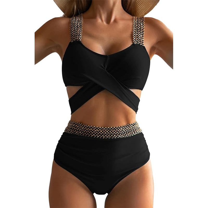 Women Two Piece Swimsuits Crisscross Tummy Control Bathing Suit High Waisted Wrap Bikini Tie Back 2 Piece Swimwear
