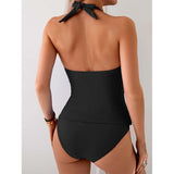 Women's suspender tankini swimsuit, ruffled tummy control two-piece swimsuit (with swimming trunks)