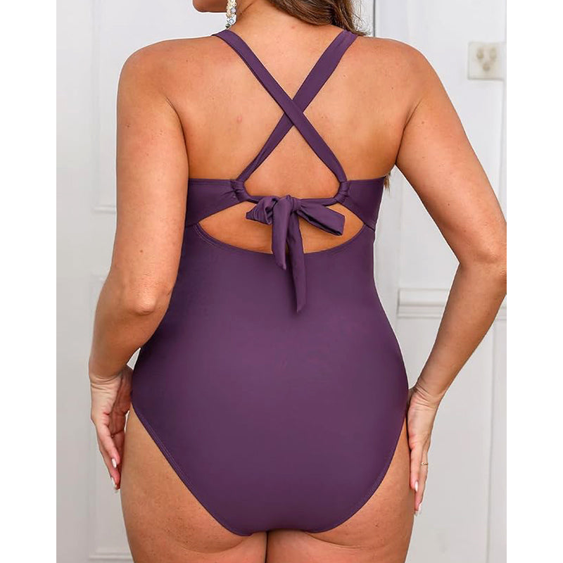 Women's plus size tummy control swimsuit, slim fit one-piece swimsuit, retro pleated gathered retro padded swimsuit