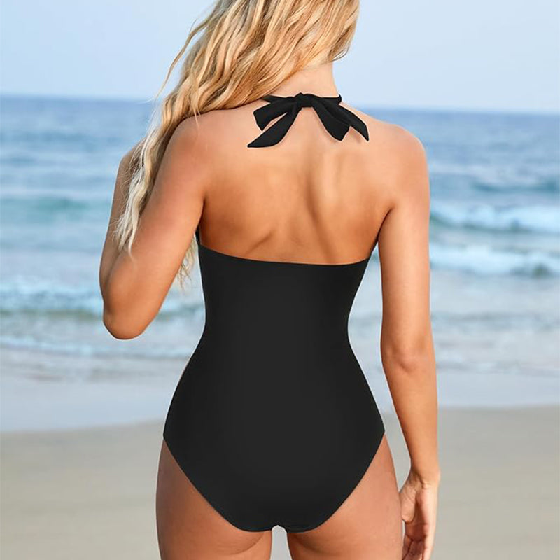 Women's one-piece swimsuit push-up tummy V-neck